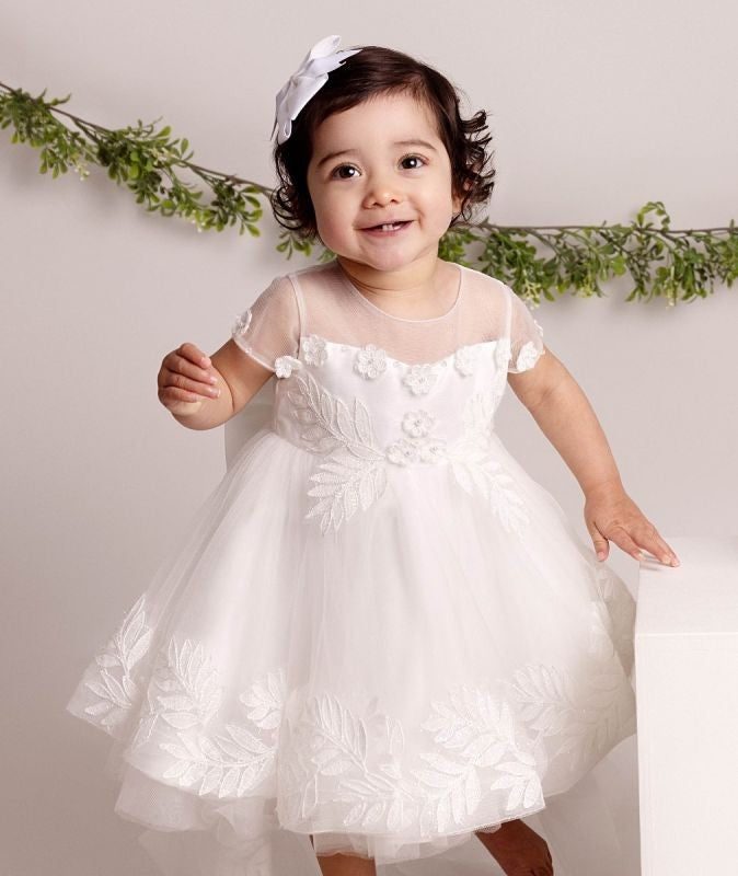 Baby Girls Leaf Lace Ivory Bow Dress - ANAYA - Ivory