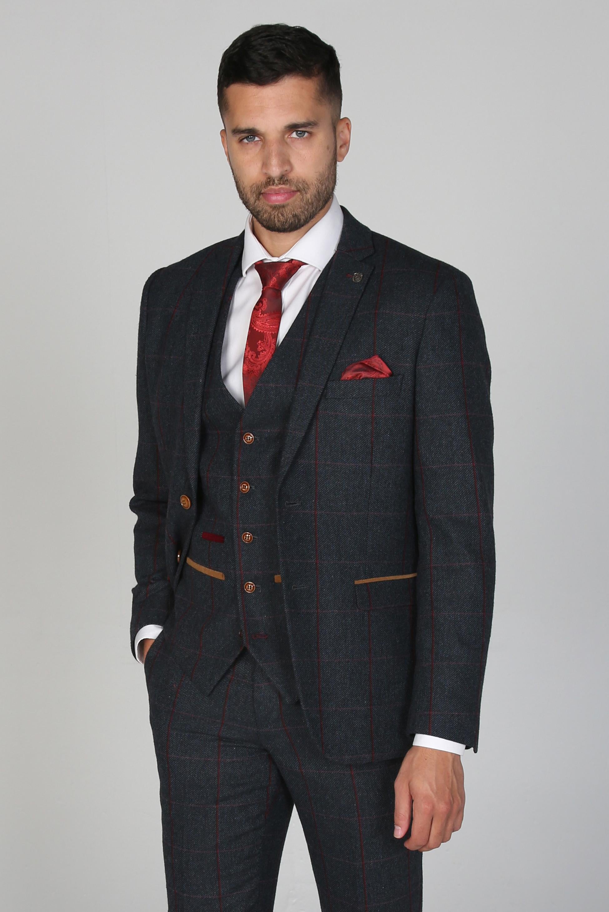 Costume en Tweed à Motif Windowpane Tailleur pour Homme - MADRID - Bleu Marine