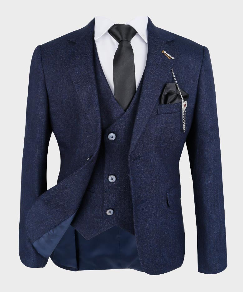 Boys Tailored Fit Herringbone Patterned Suit - TONY - Dark Blue