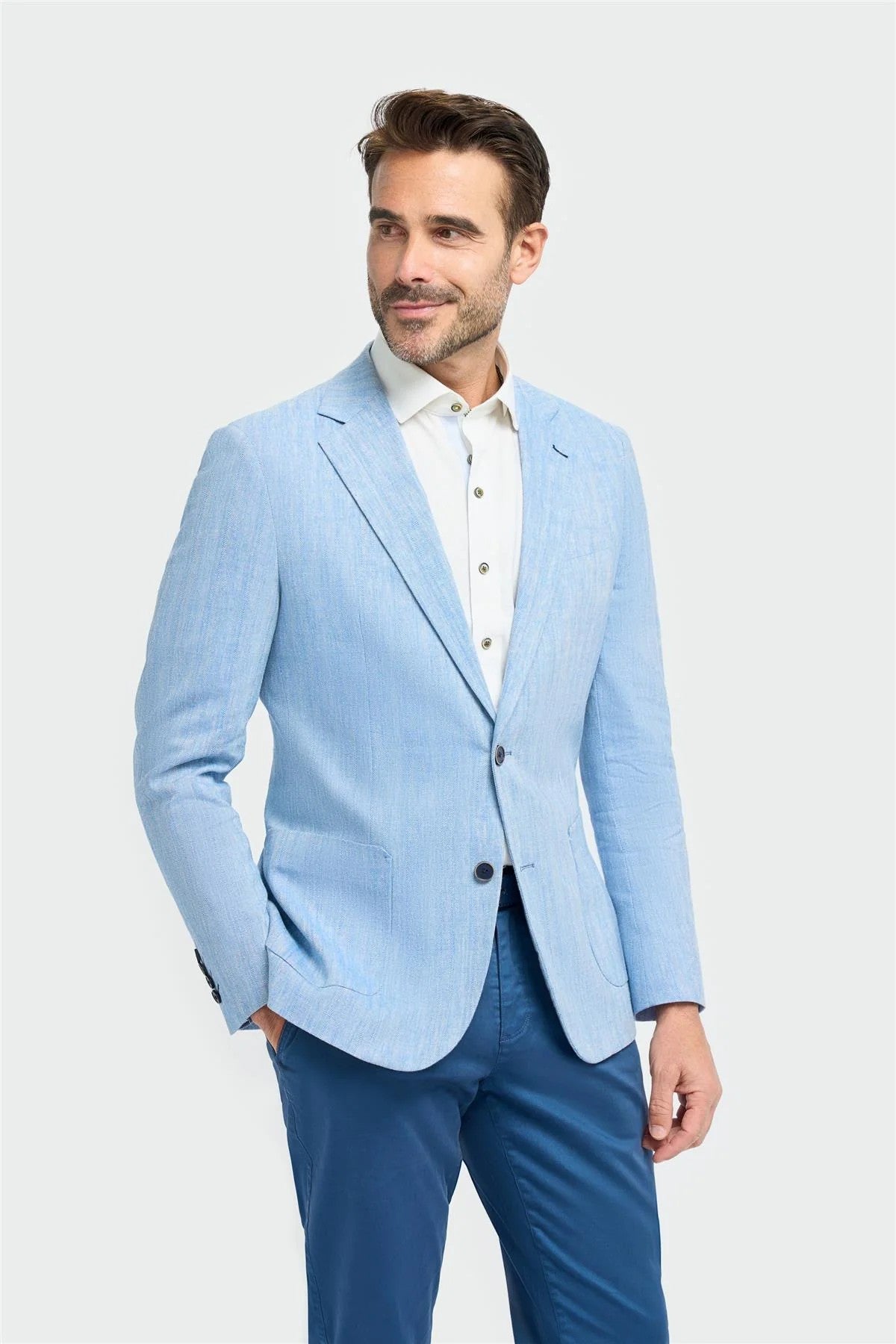 Blazer en lin à poche à rabat en herringbone pour hommes - Luigi - Bleu Ciel