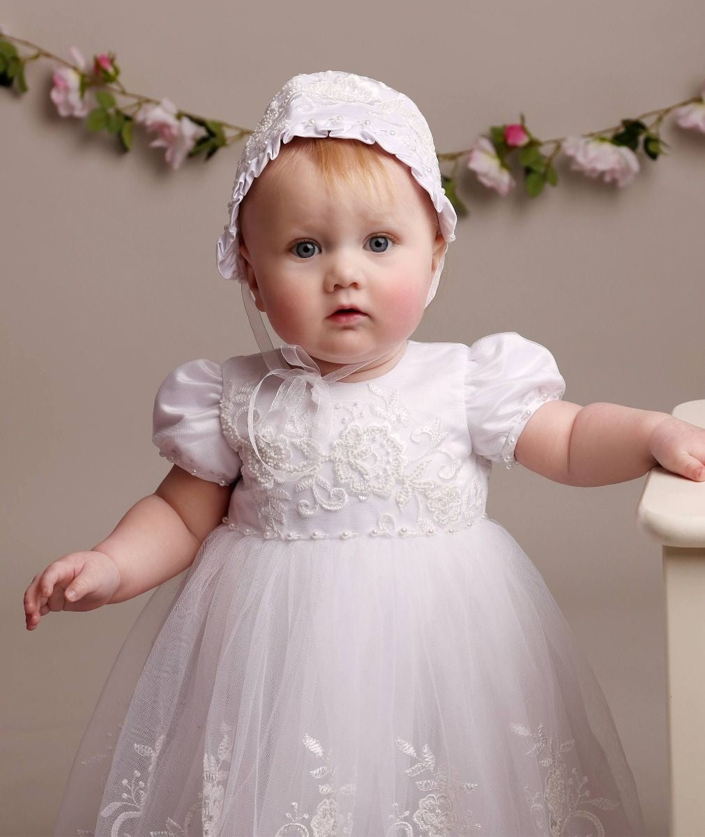 Baby Mädchen Erbstück Spitzen Taufkleid & Häubchen - ALEXA - Offwhite