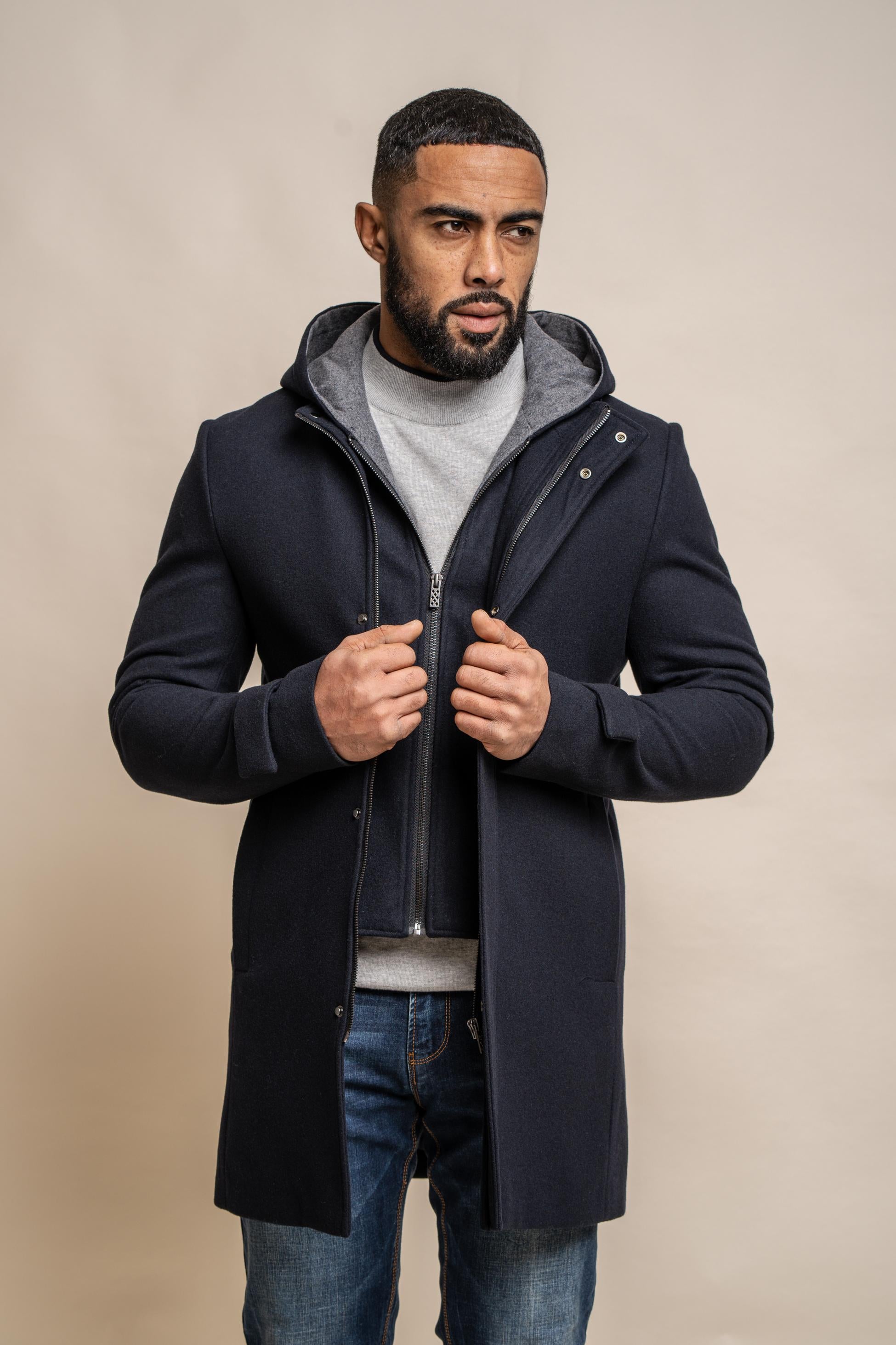 Manteau à capuche en laine mélangée pour hommes - MICHIGAN - Marine