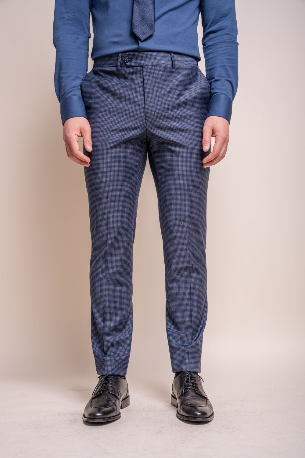 Pantalon en Laine Mélangée Slim Fit pour Homme - BOND - Bleu Marine à Motif Check