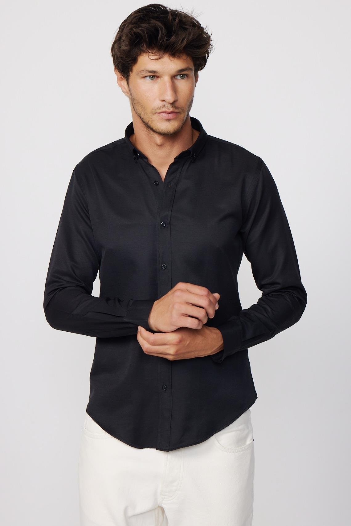 Men's Slim Fit Cotton Button-Down Oxford Shirt - GABARDIN - Black