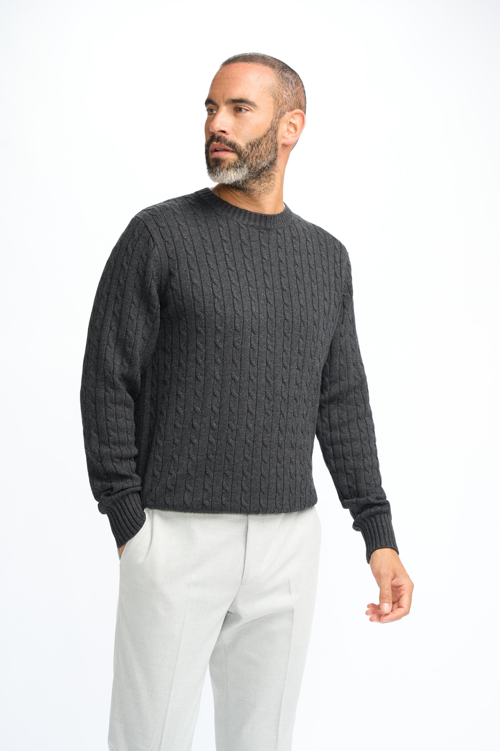 Pull en laine à maille torsadée pour hommes - Foston - Gris Charbon