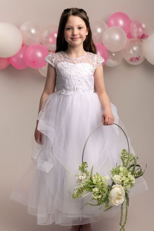 Girls White Layered Tulle Dress with Corset Back - TERRESA - White