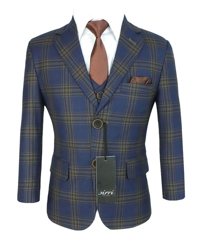 Jungen Windowpane Karo Tweed Maßgeschneiderter Anzug - Marineblau - Braun