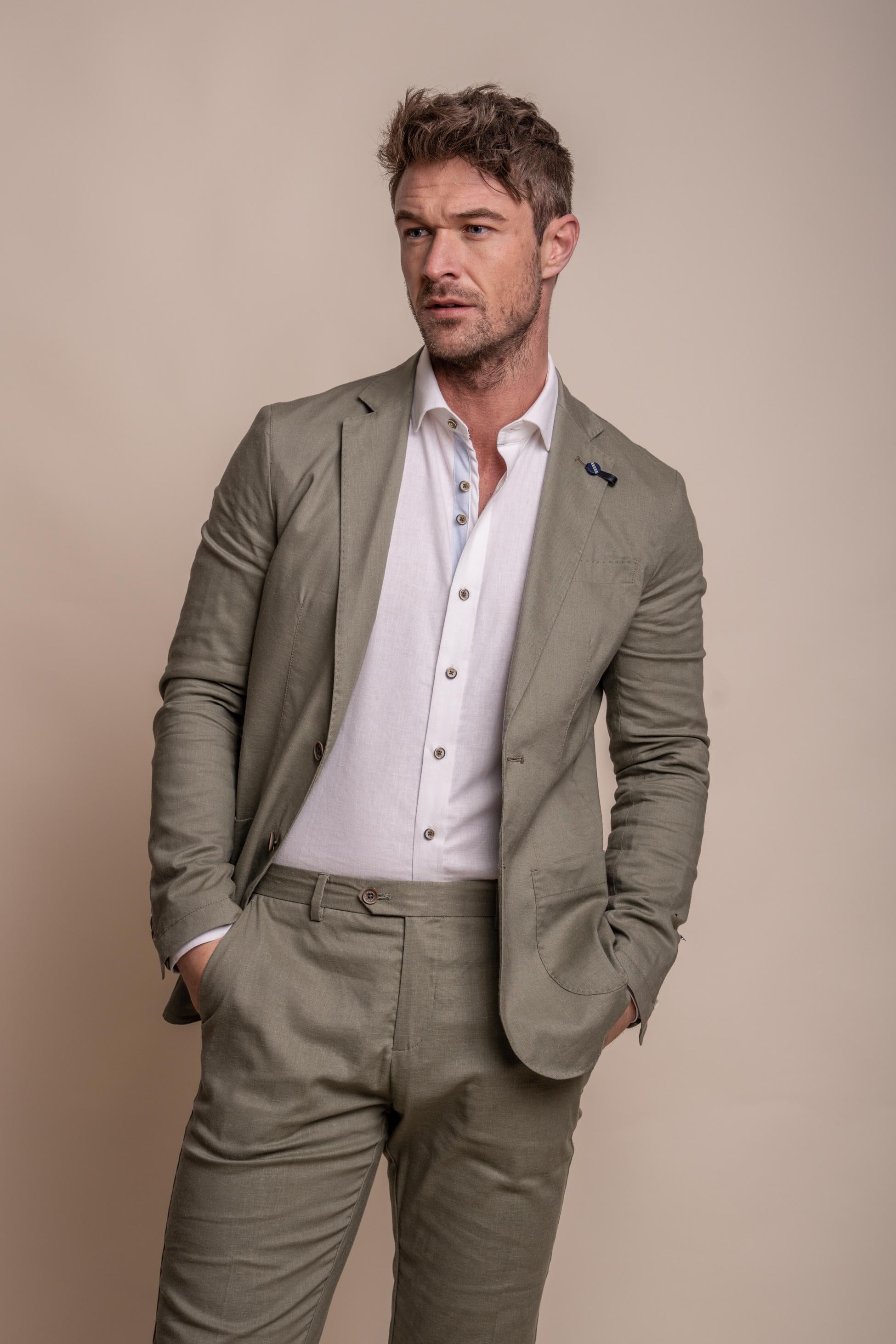 Men's Slim Fit Linen Suit Jacket - ALVARI - Sage Green