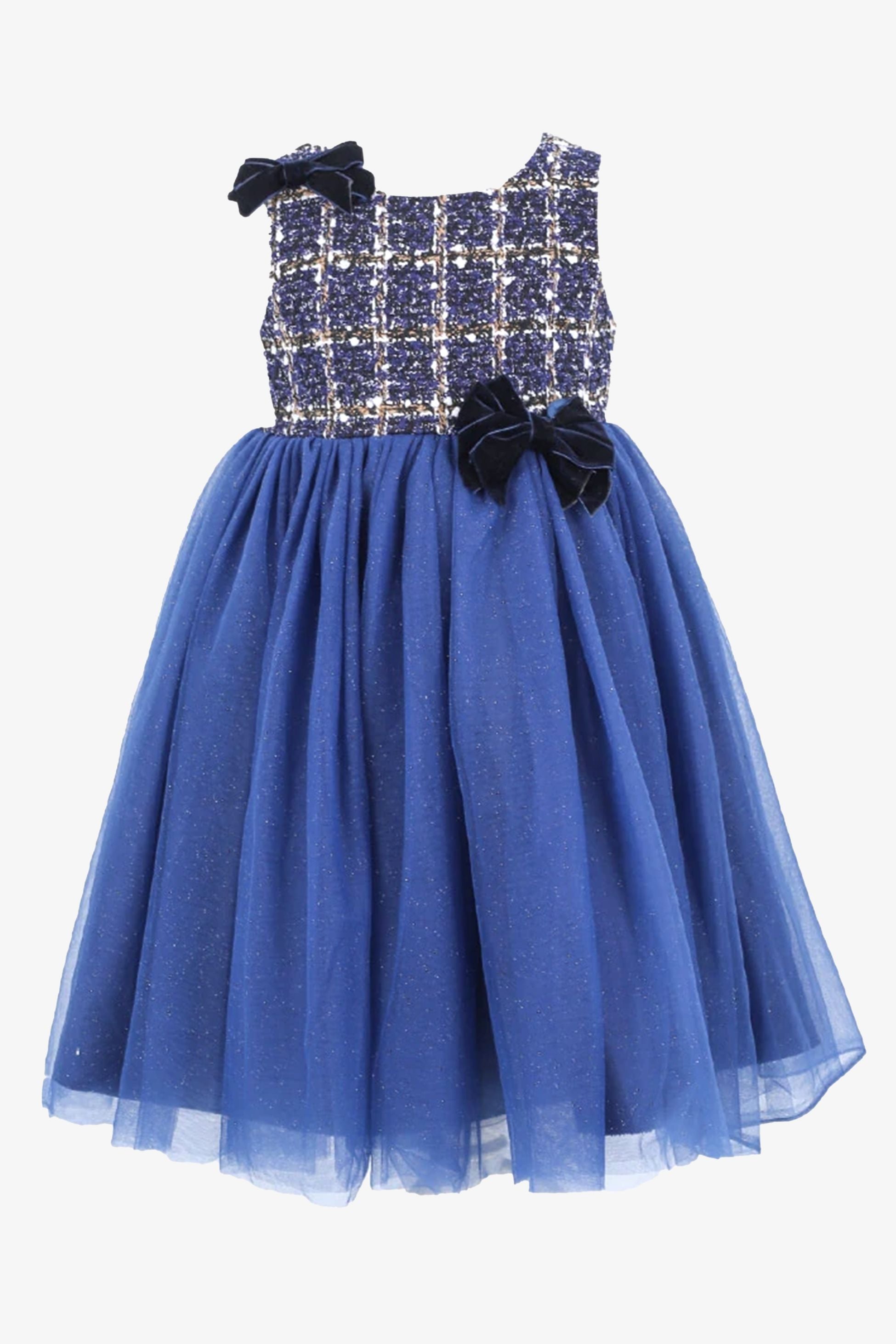 Mädchen Marineblau Tweed Puffy Kleid - Marineblau