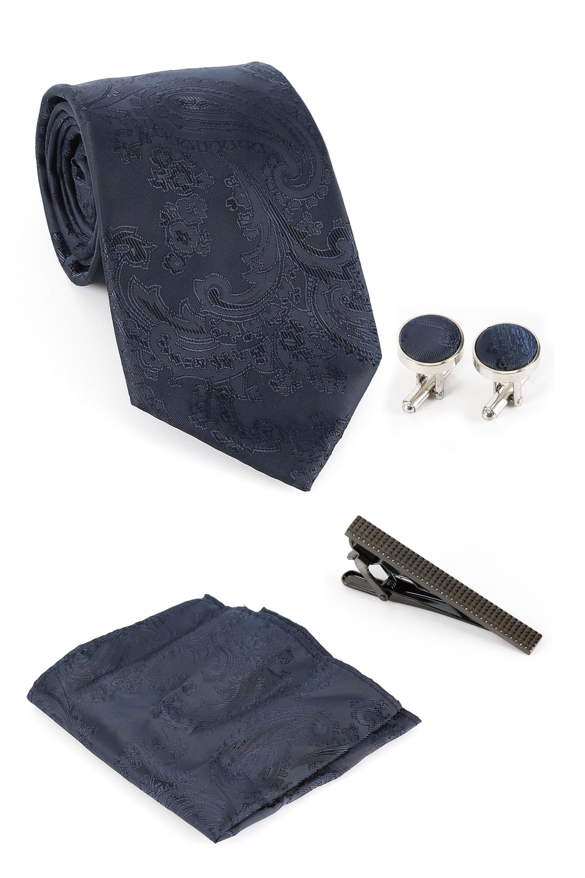 Ensemble cravate et boutons de manchette paisley pour hommes - Bleu marine