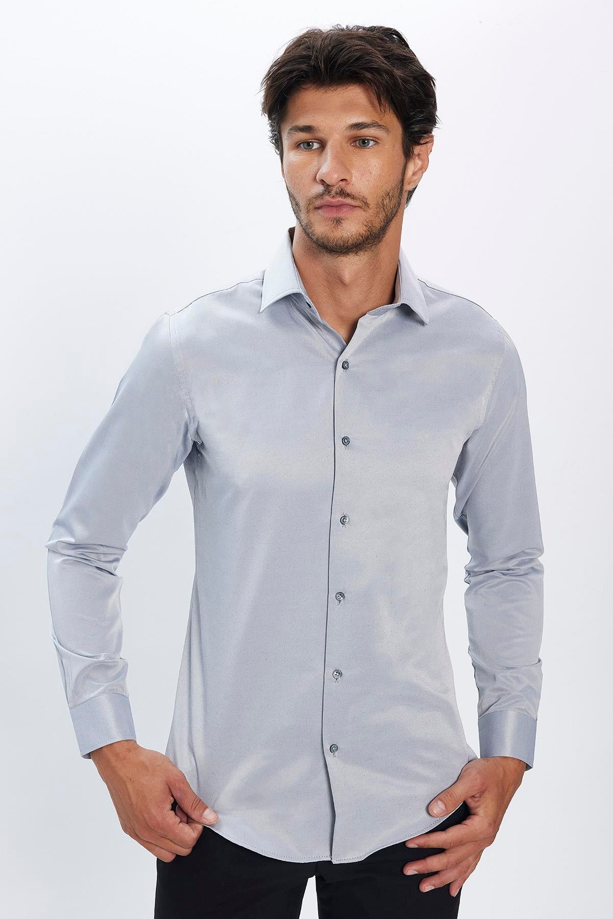 Herren Slim Fit Button-Down Baumwoll Mischung Hemd - Dimi Dotti - Grau