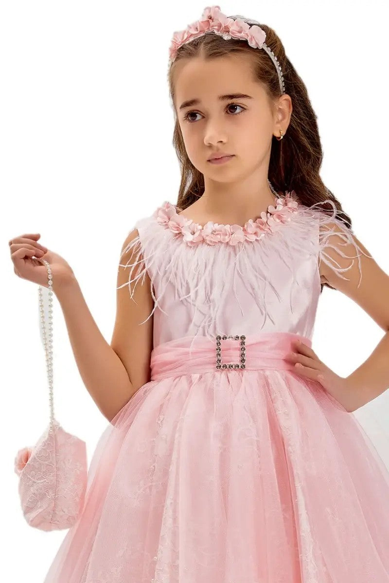 Ensemble Robe Midi en Tulle sans Manches Rose pour Filles - Rose