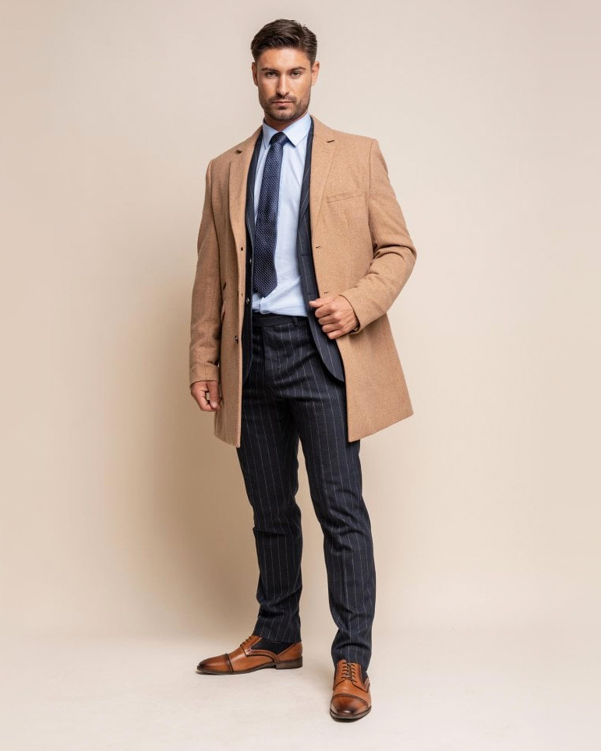 Men's Wool Midi Coat - ROMAN - Camel Brown