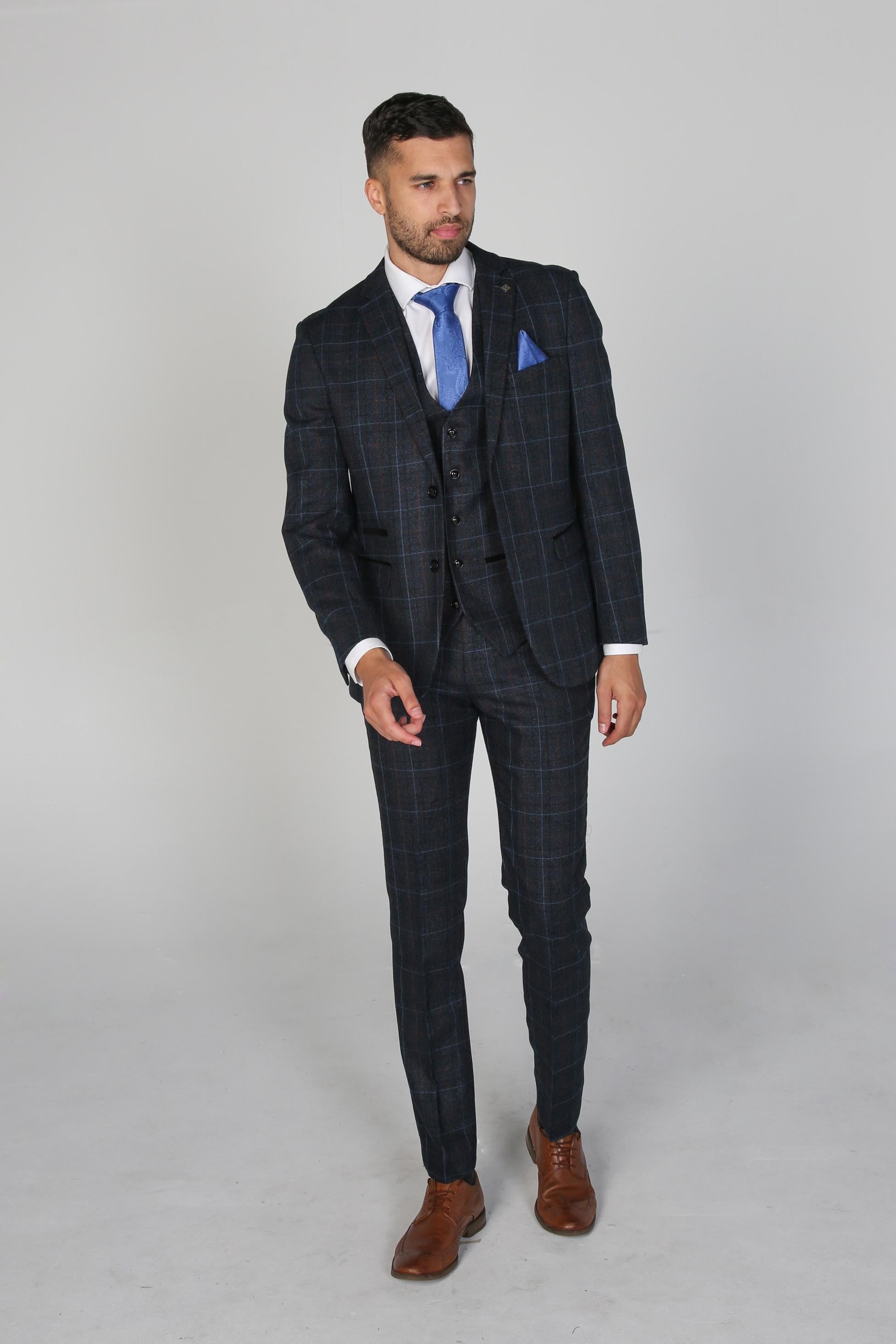 Men's Windowpane Tailored Fit Suit- HARVEY - Navy Blue