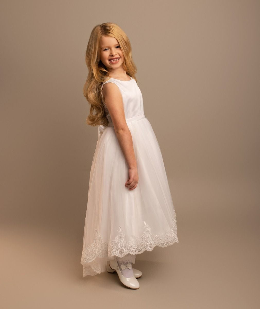 Girls’ Ivory Tulle Dress with Lace Trims & Bow - India - Ivory