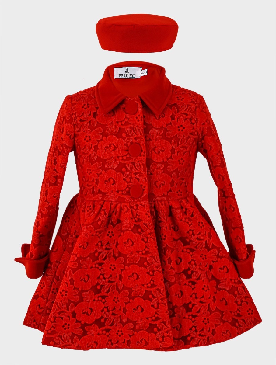 Ensemble Manteau Brodé Fleuri en Dentelle 2 Pièces pour Filles - Rouge