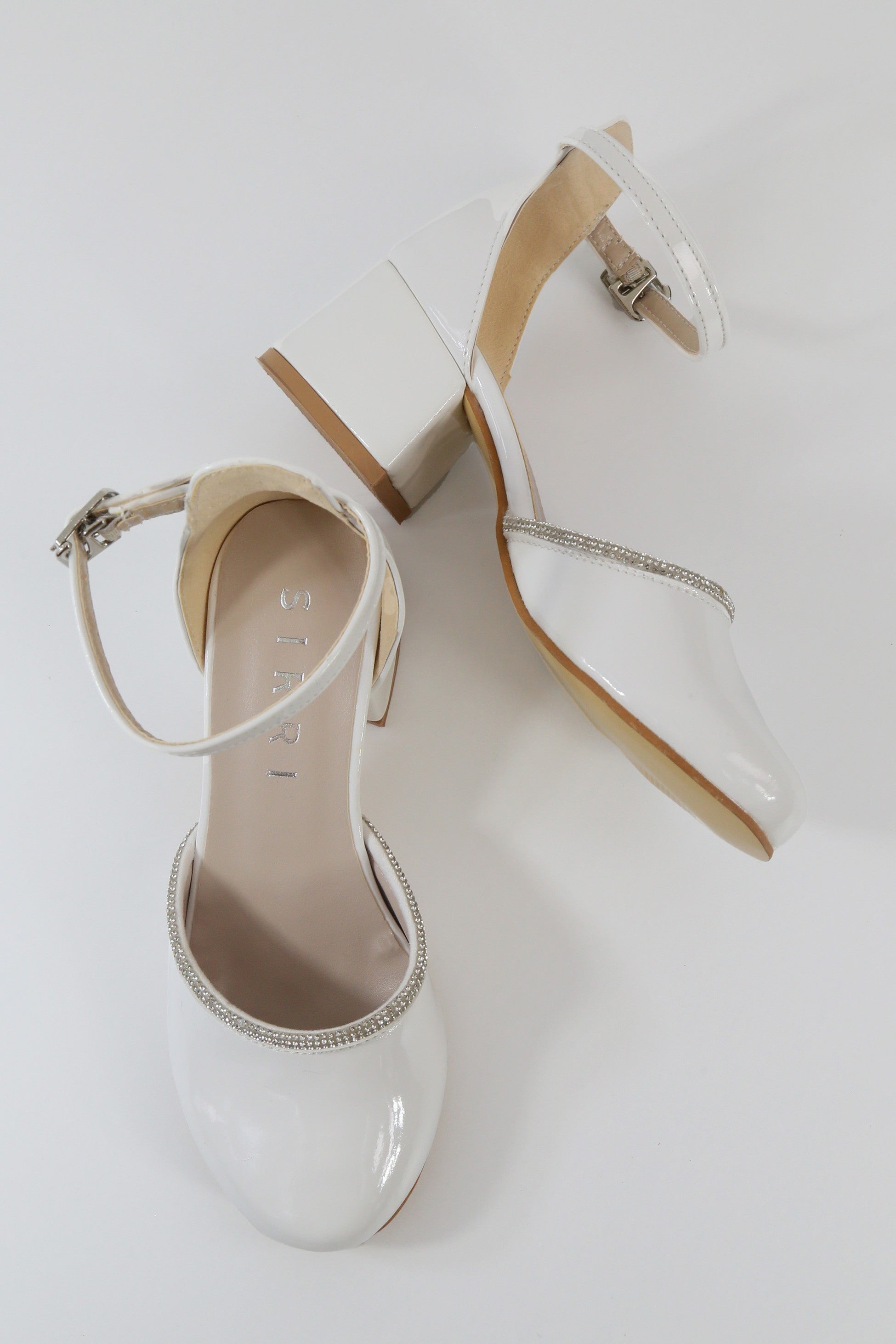 Chaussures à talons blocs vernies blanches avec bord en strass pour filles - CHARM - Blanc