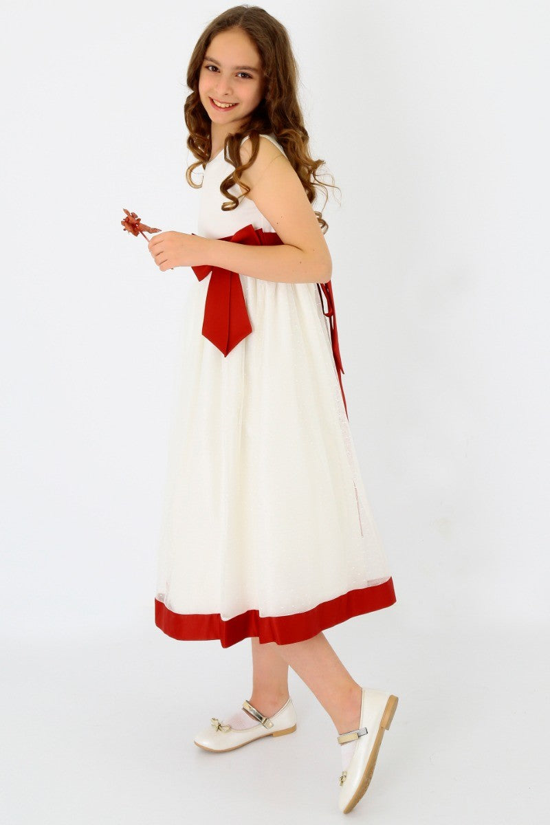 Robe de Communion en Tulle sans Manches pour Filles - Blanc - Rouge