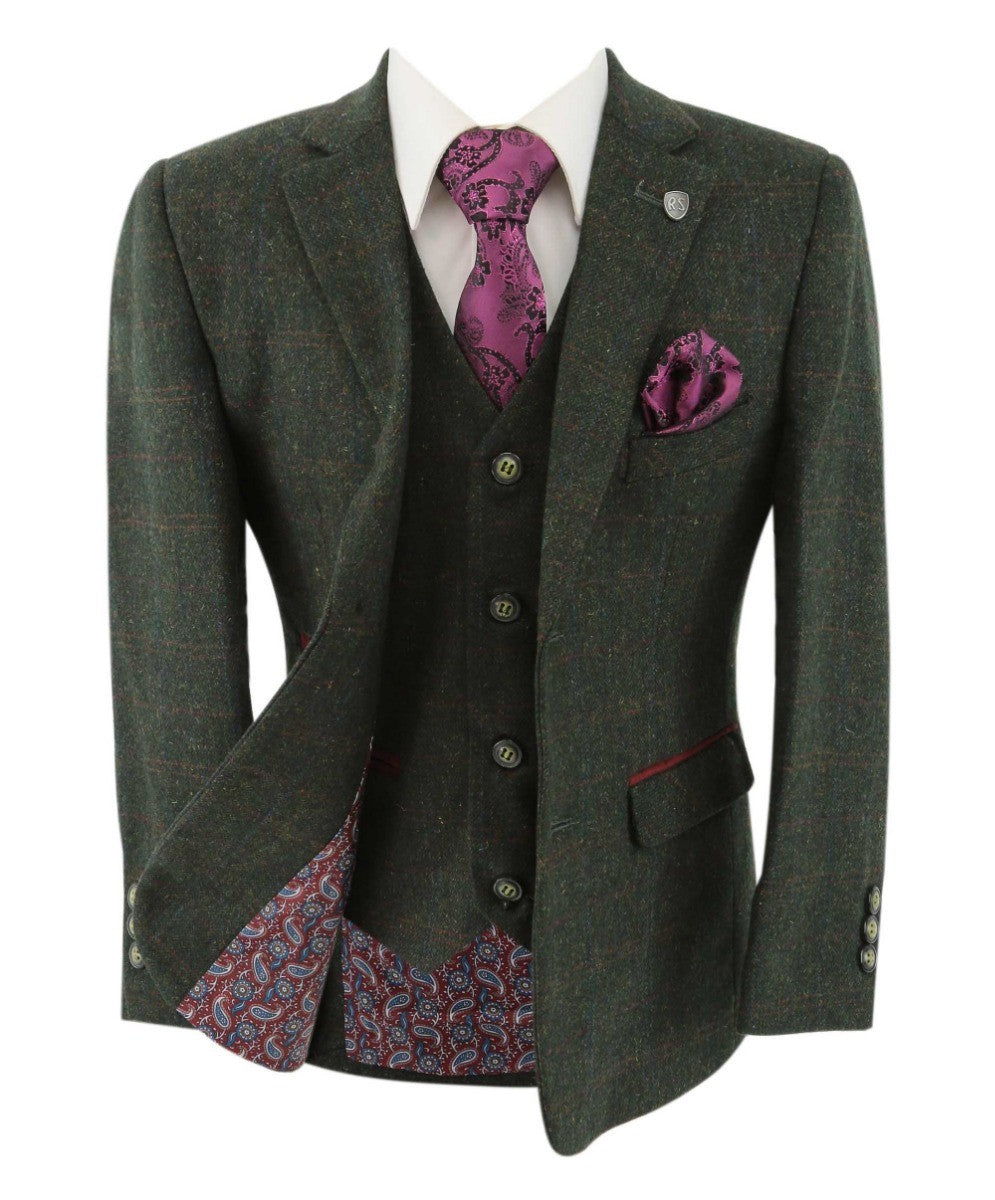 Costume en Tweed à Carreaux Tailored Fit pour Garçons - JOSHUA Vert - Vert Foncé