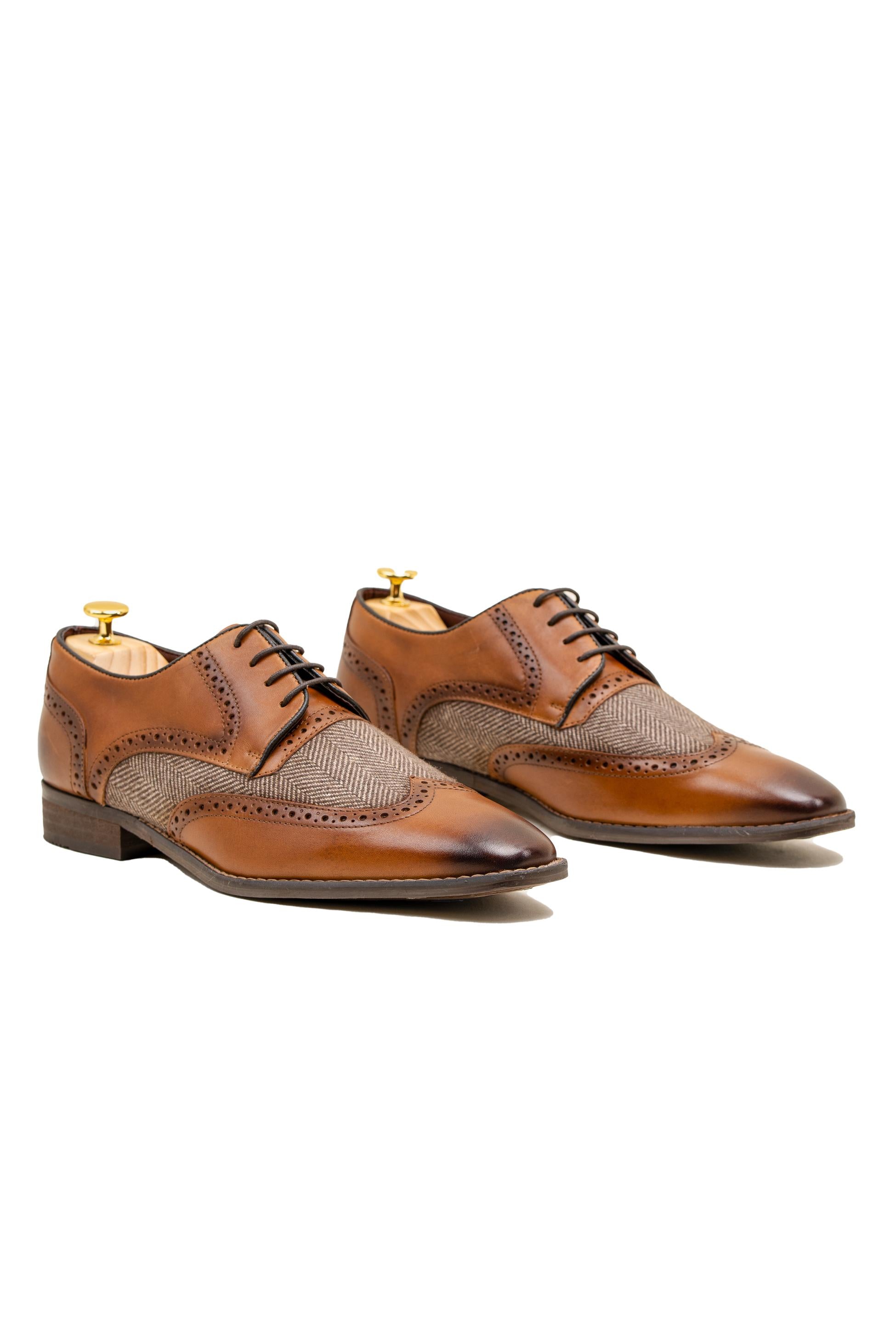 Men's Genuine Leather & Tweed Brogue Shoes - FARO - Tan Brown