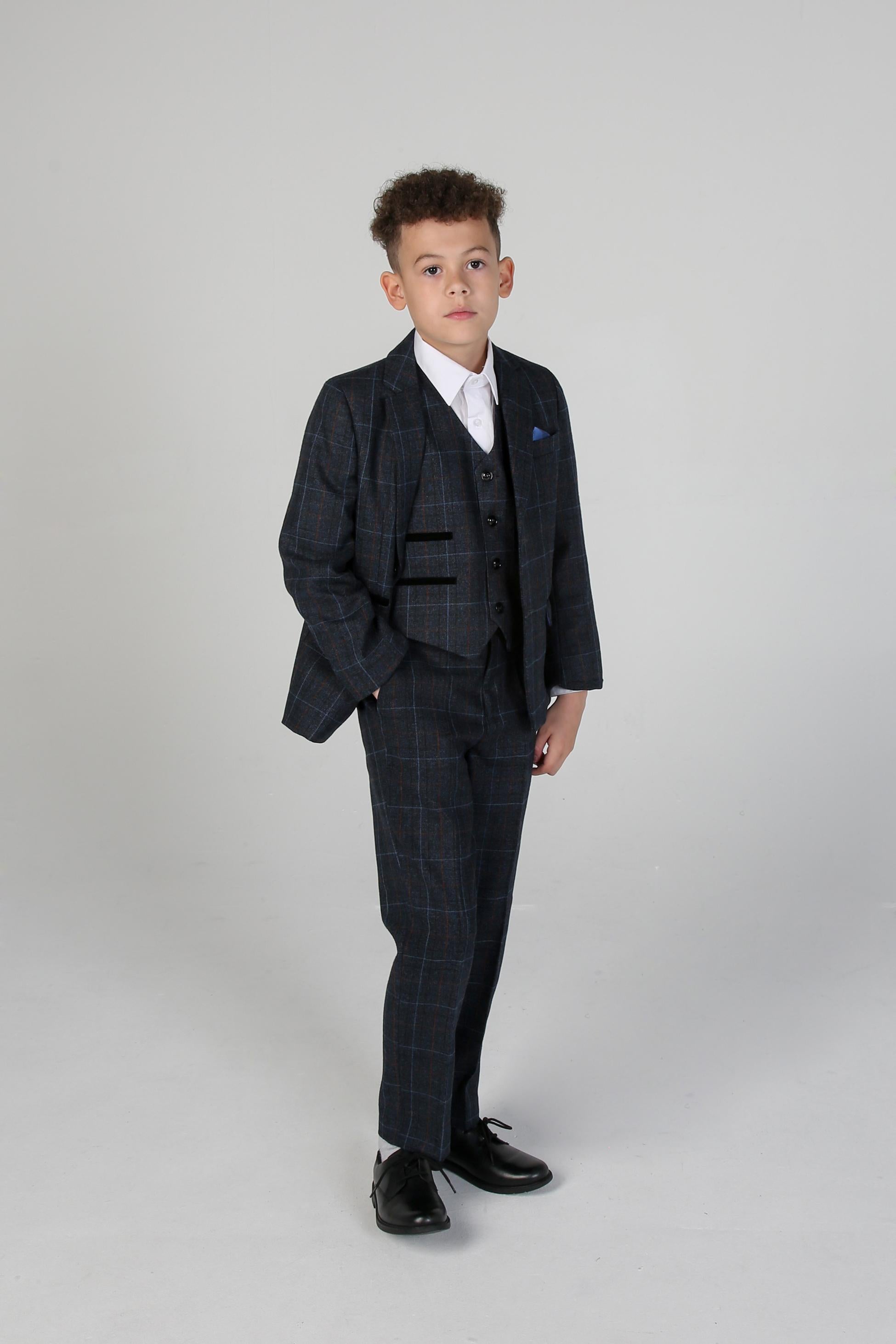 Boys Windowpane Tailored Fit Suit- HARVEY - Navy Blue