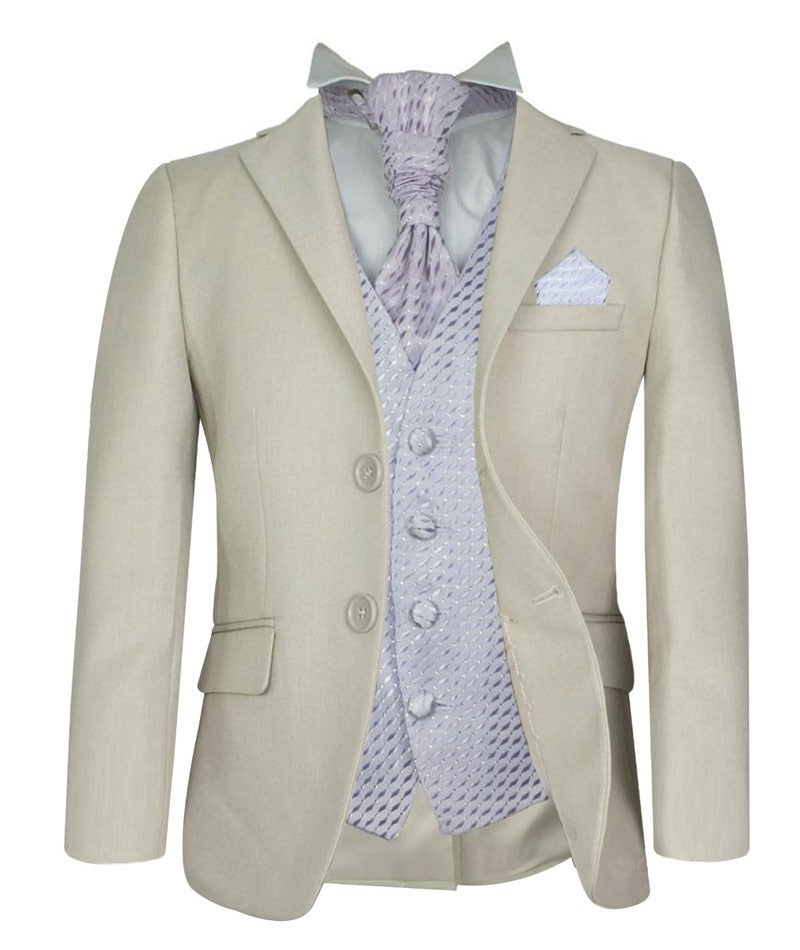 Boys Beige Suit with Patterned Waistcoat and Cravat Set - Beige