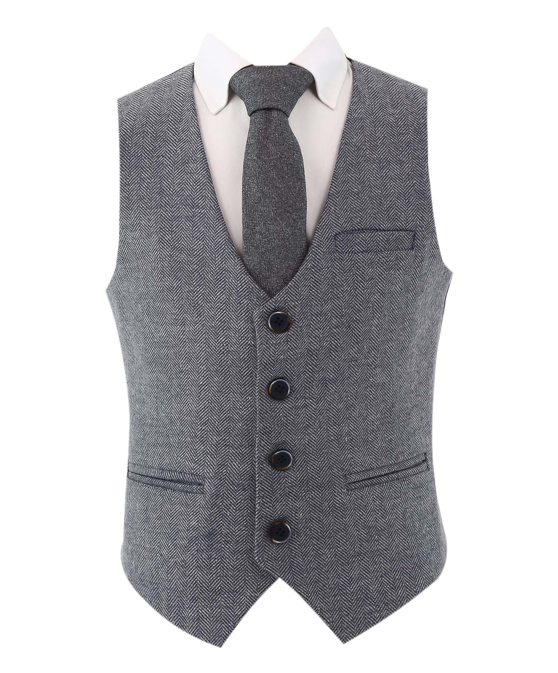 Boys Herringbone Tweed Single-breasted Formal Waistcoat - Navy Blue