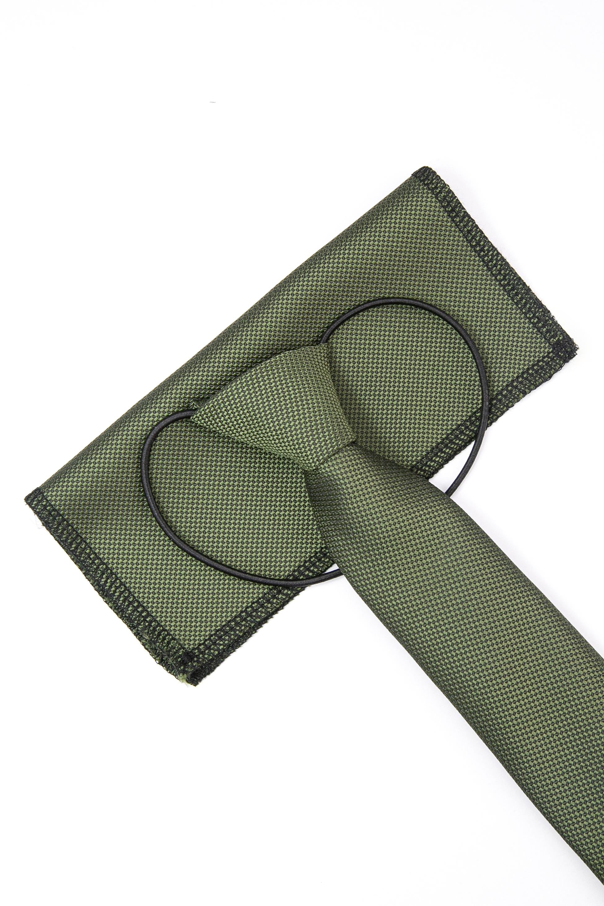 Boys’ Jacquard Tie & Hanky Set with Elastic Strap - Khaki Green