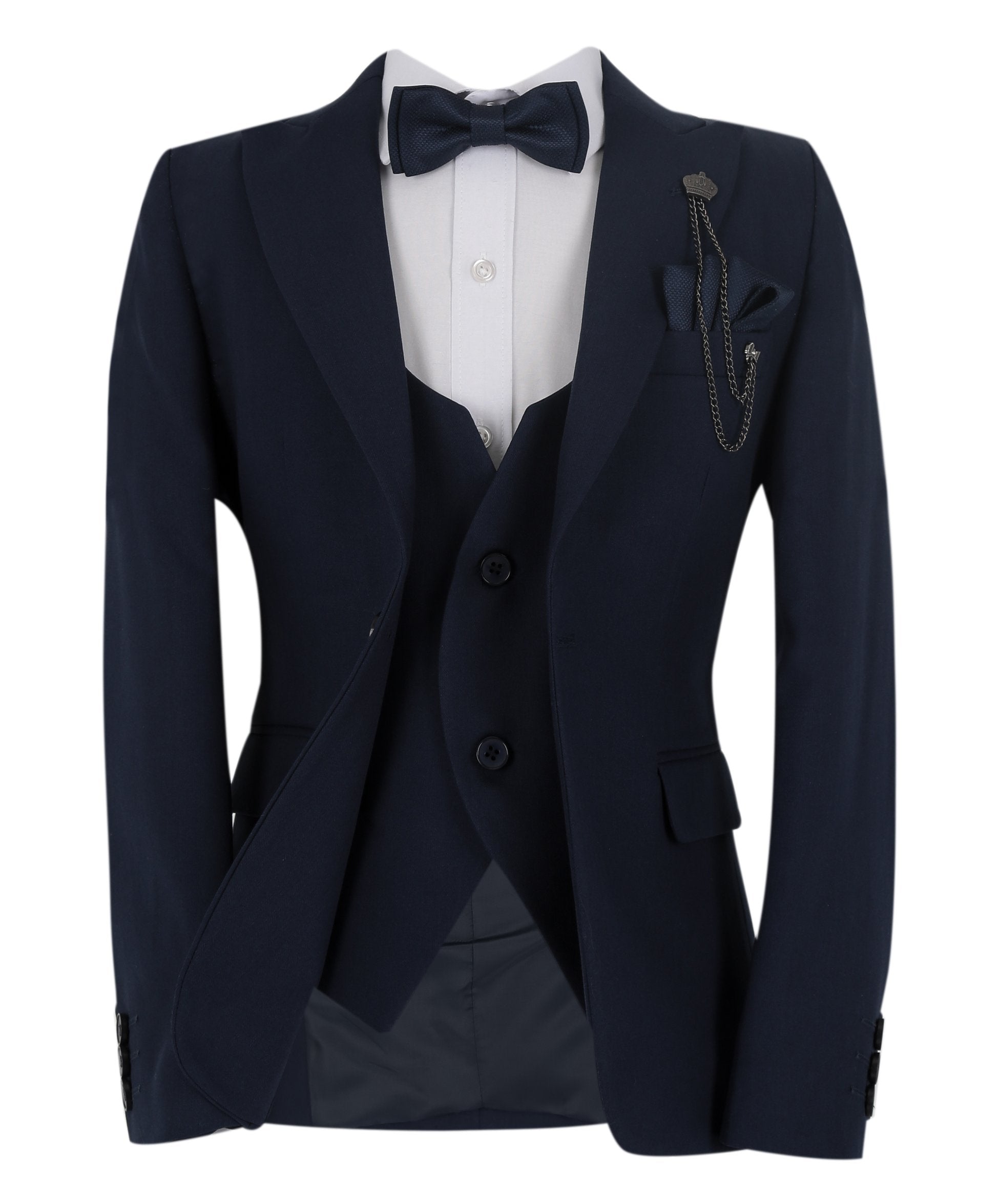 Boys Slim Fit Herringbone 8 Piece Suit Set - KING - Navy Blue