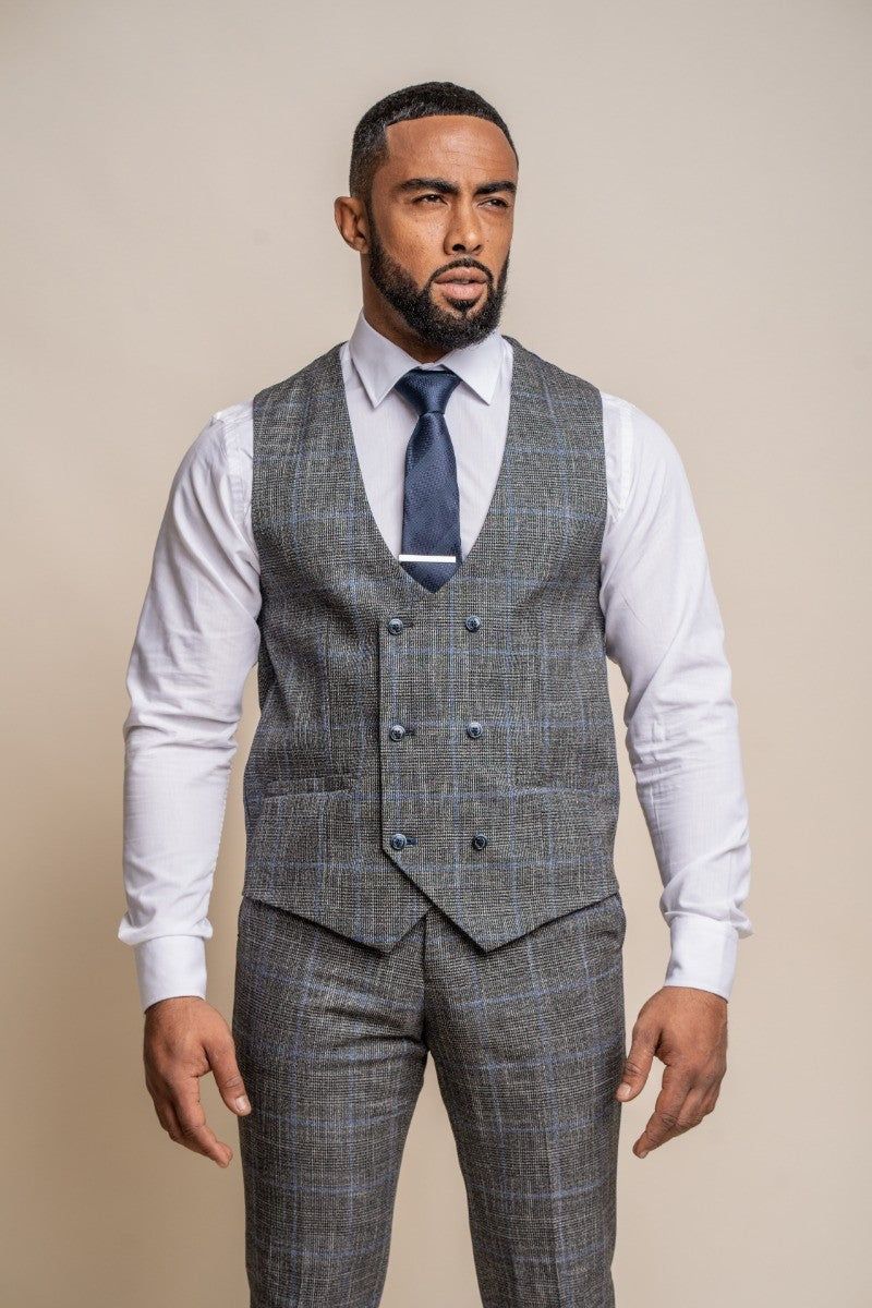 Men's Tweed Retro Check Grey Waistcoat - POWER - Grey