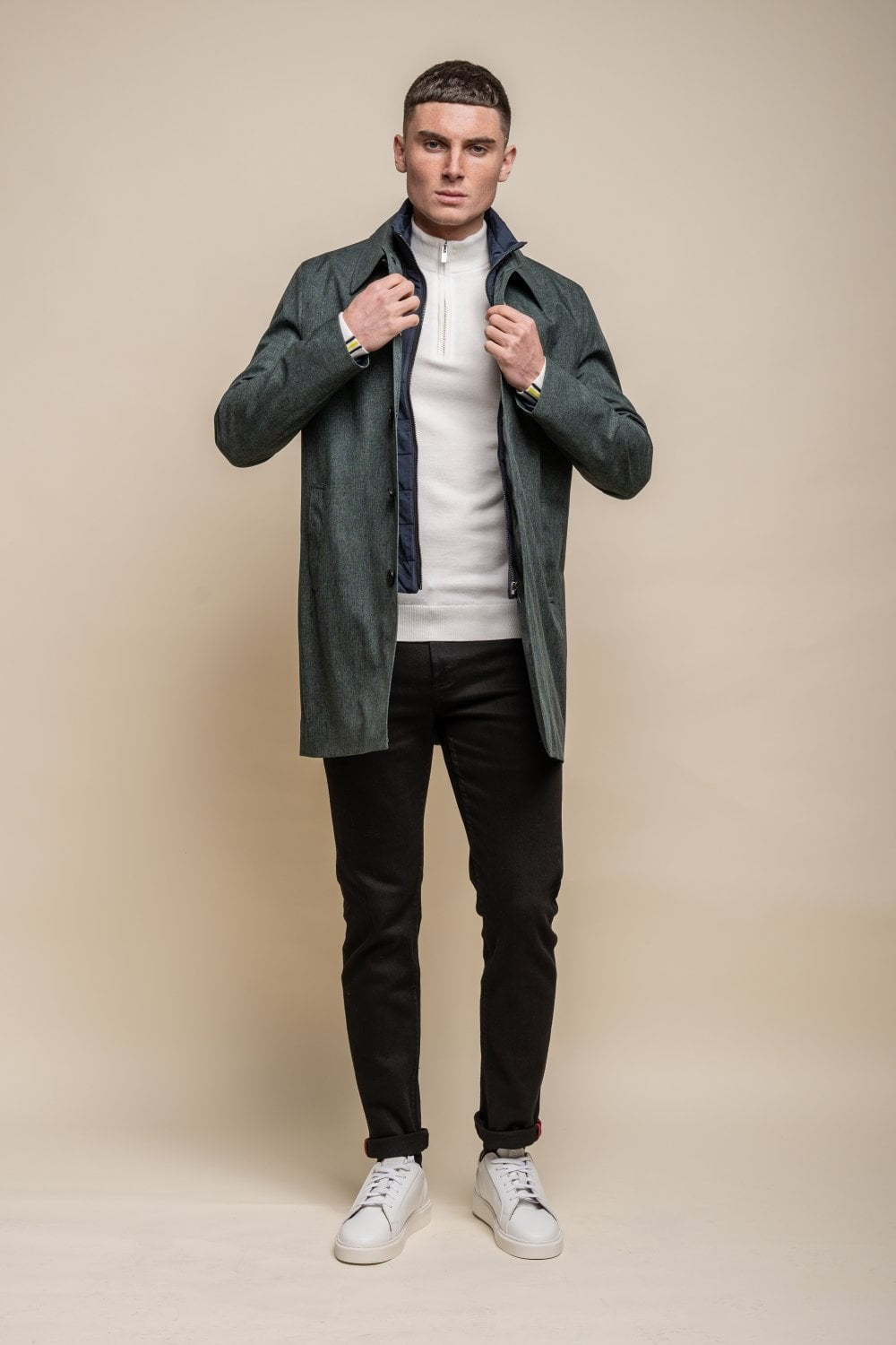 Men's Midi Length Geke Coat with Removable Zipper - BRANDO - Olive Green