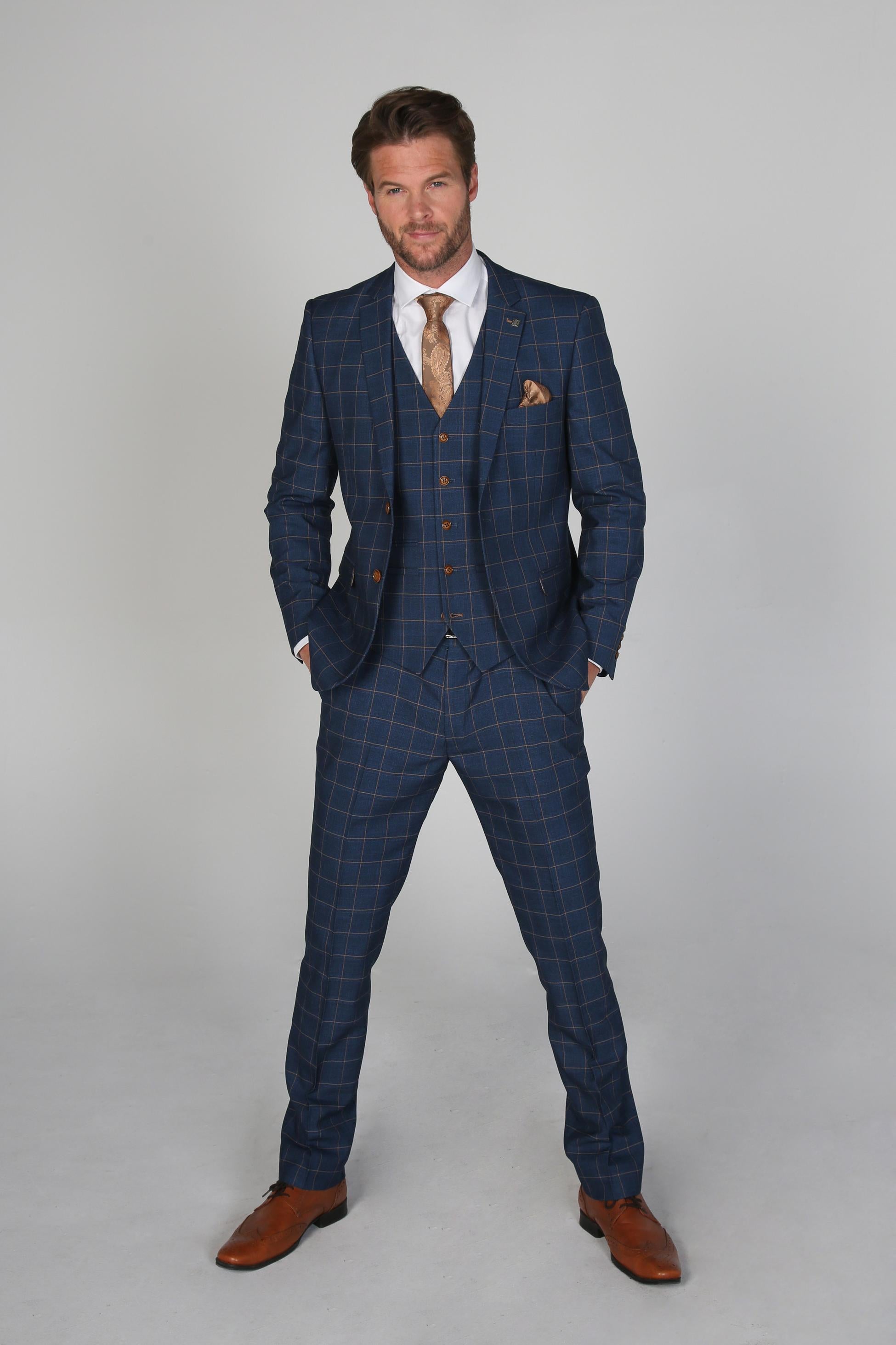 Men's Tailored Fit Windowpane Check Suit - HAMLEYS - Corrnflower Blue