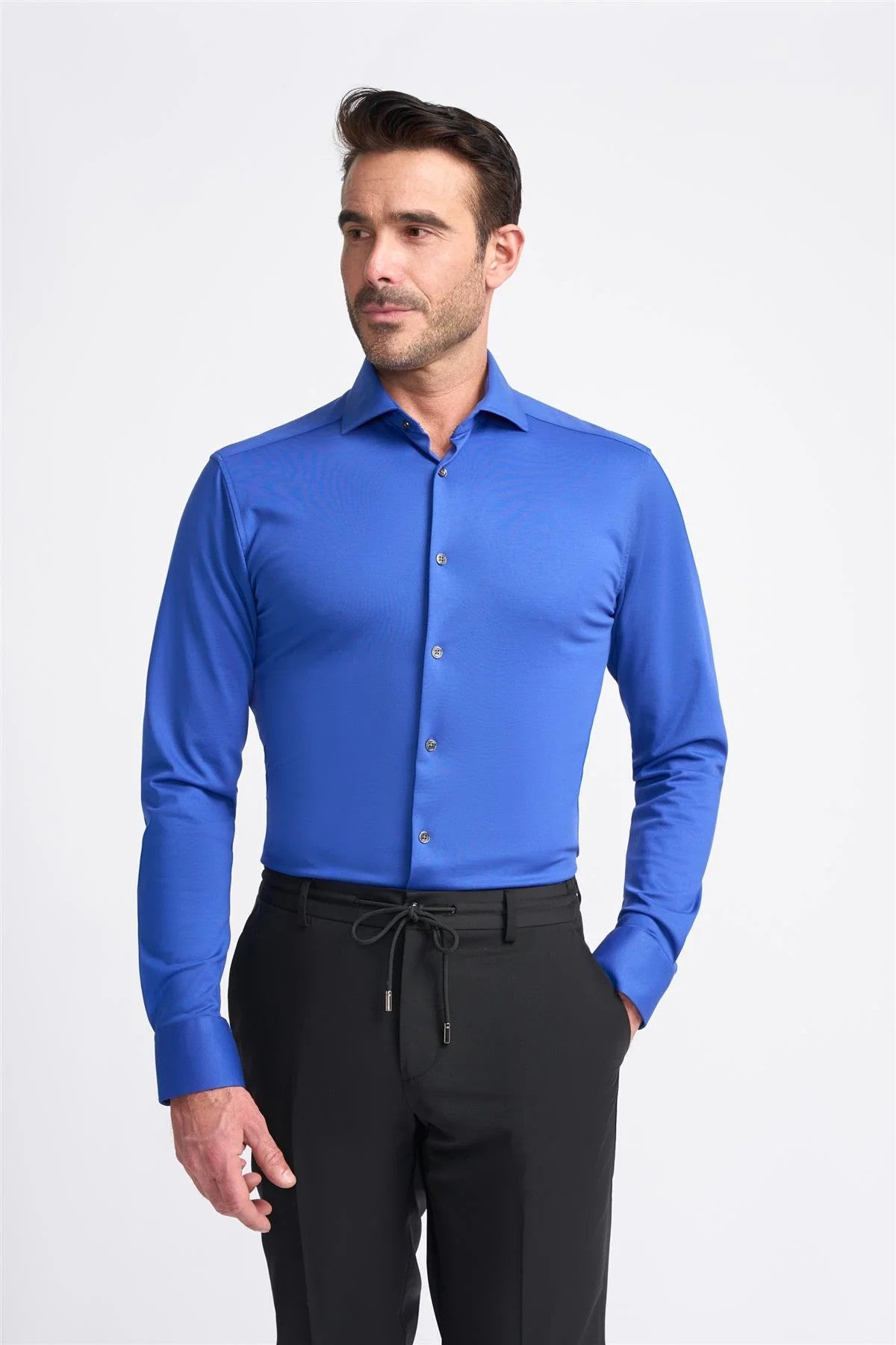 Chemise en coton ajustée à manches longues pour hommes - ASHLEY - Bleu Électrique