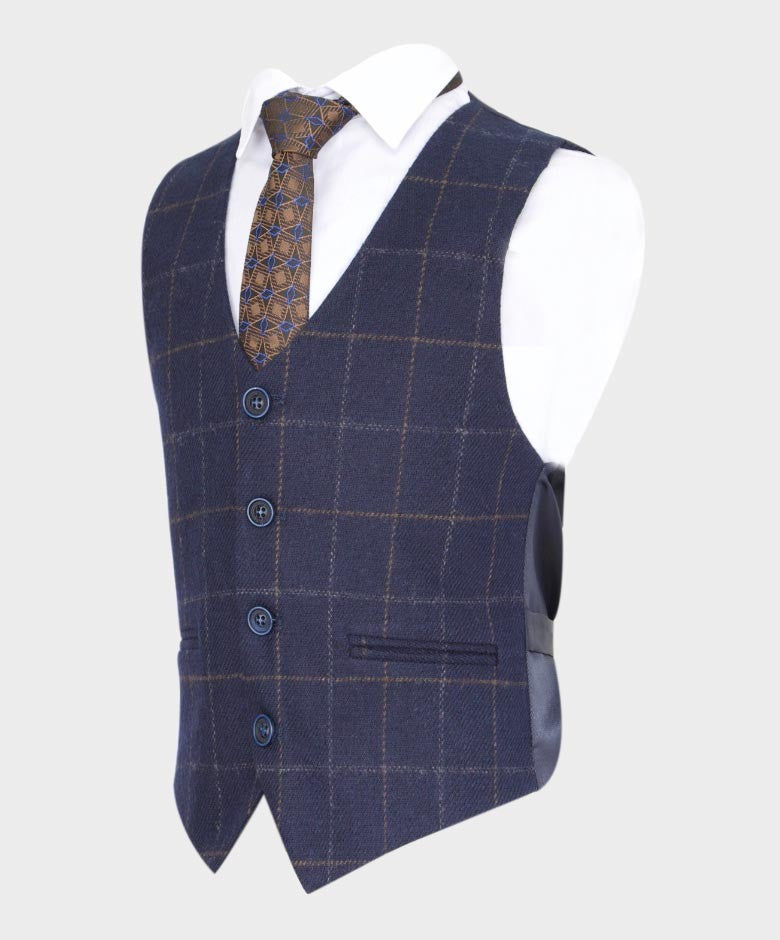 Jungen Maßgeschneiderter Tweed Karo Marineanzug - SHELBY - Marineblau