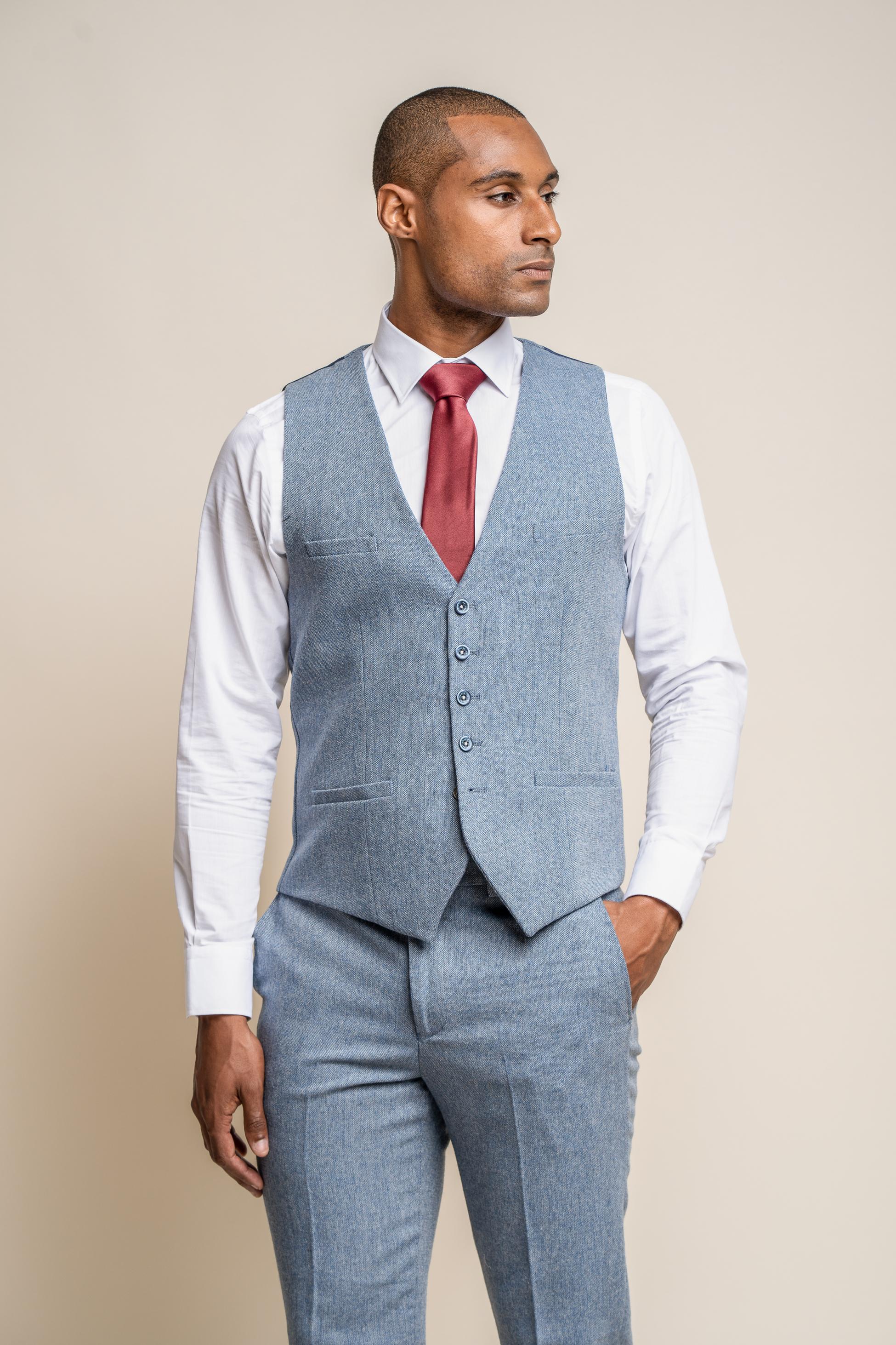 Men's Tweed Slim Fit Waistcoat - WELLS Blue - Light Blue