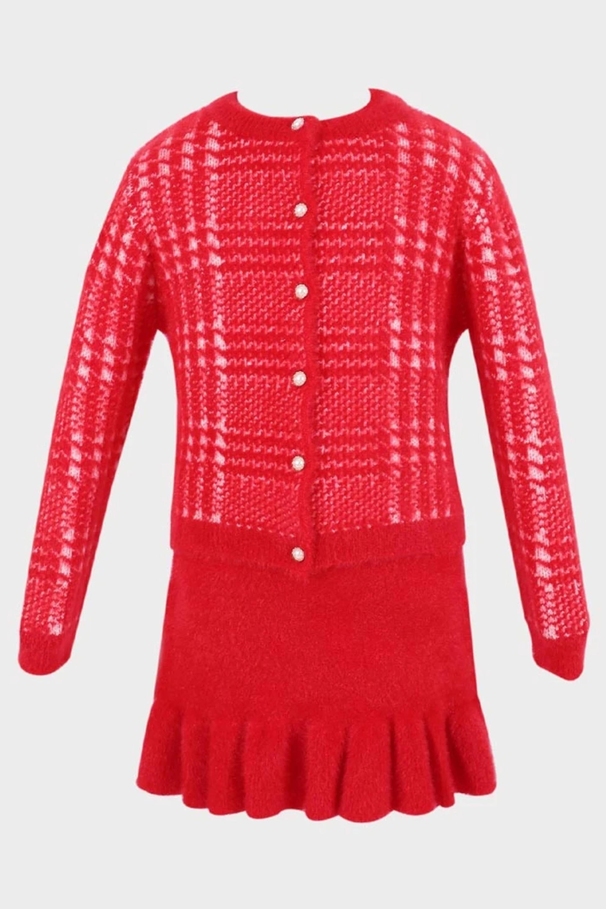 Mädchen Fischgrät Tweed Kleid und Cardigan-Set - Rot