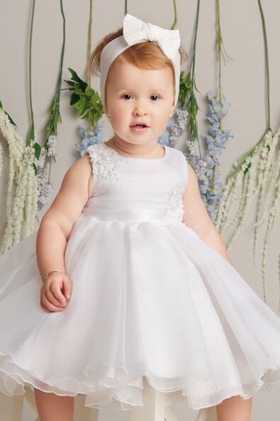 Robe en tulle avec appliqués floraux pour bébés filles - ELISE - Blanc