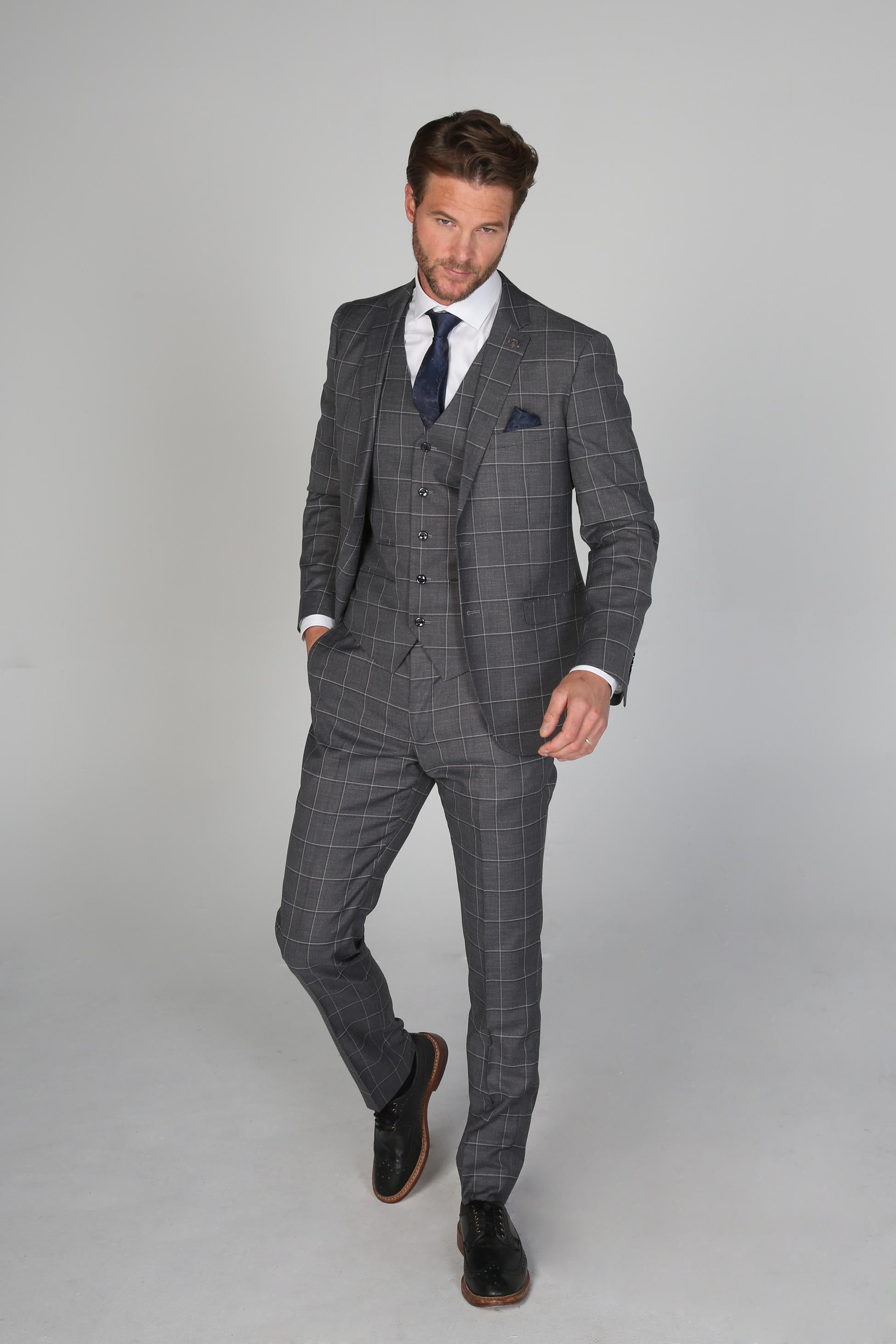 Herren Windowpane Karo Maßgeschneiderter Formalanzug - HOBBS - Grau