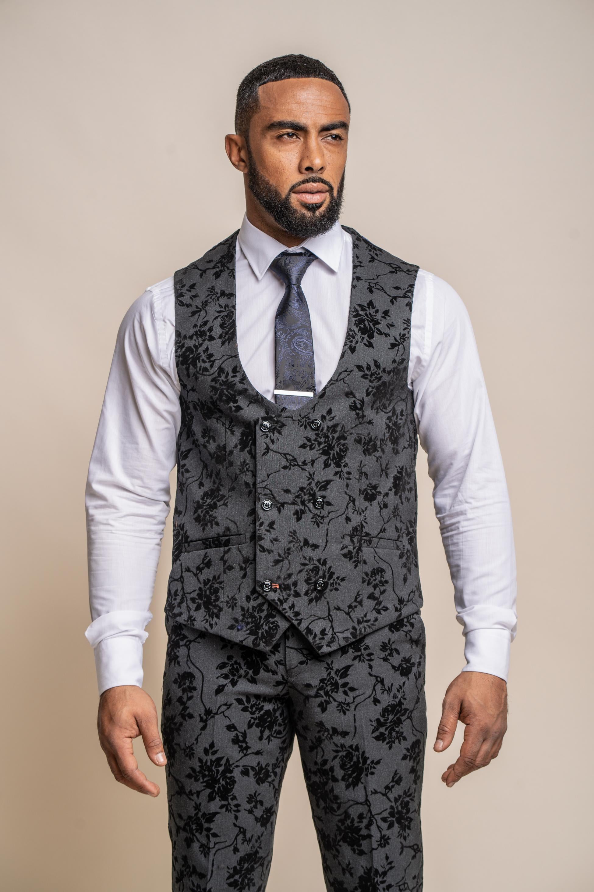 Gilet en Velours Noir Brodé de Fleurs pour Homme - GEORGI - Noir