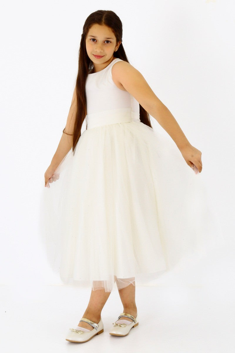 Flower Girls Sleeveless Tulle Communion Dress - Ivory