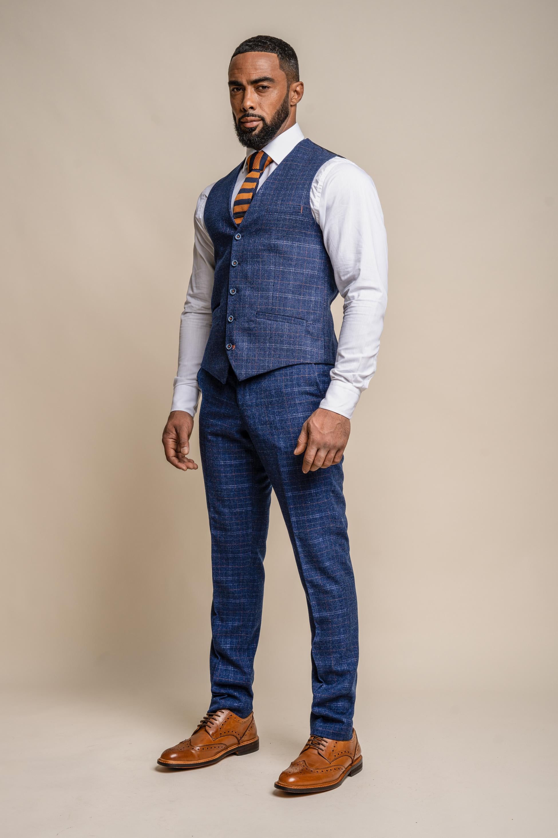 Men's Tweed Check Navy Slim Fit Waistcoat - KAISER - Navy Blue