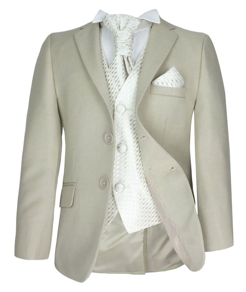 Boys Beige Suit with Patterned Waistcoat and Cravat Set - Beige