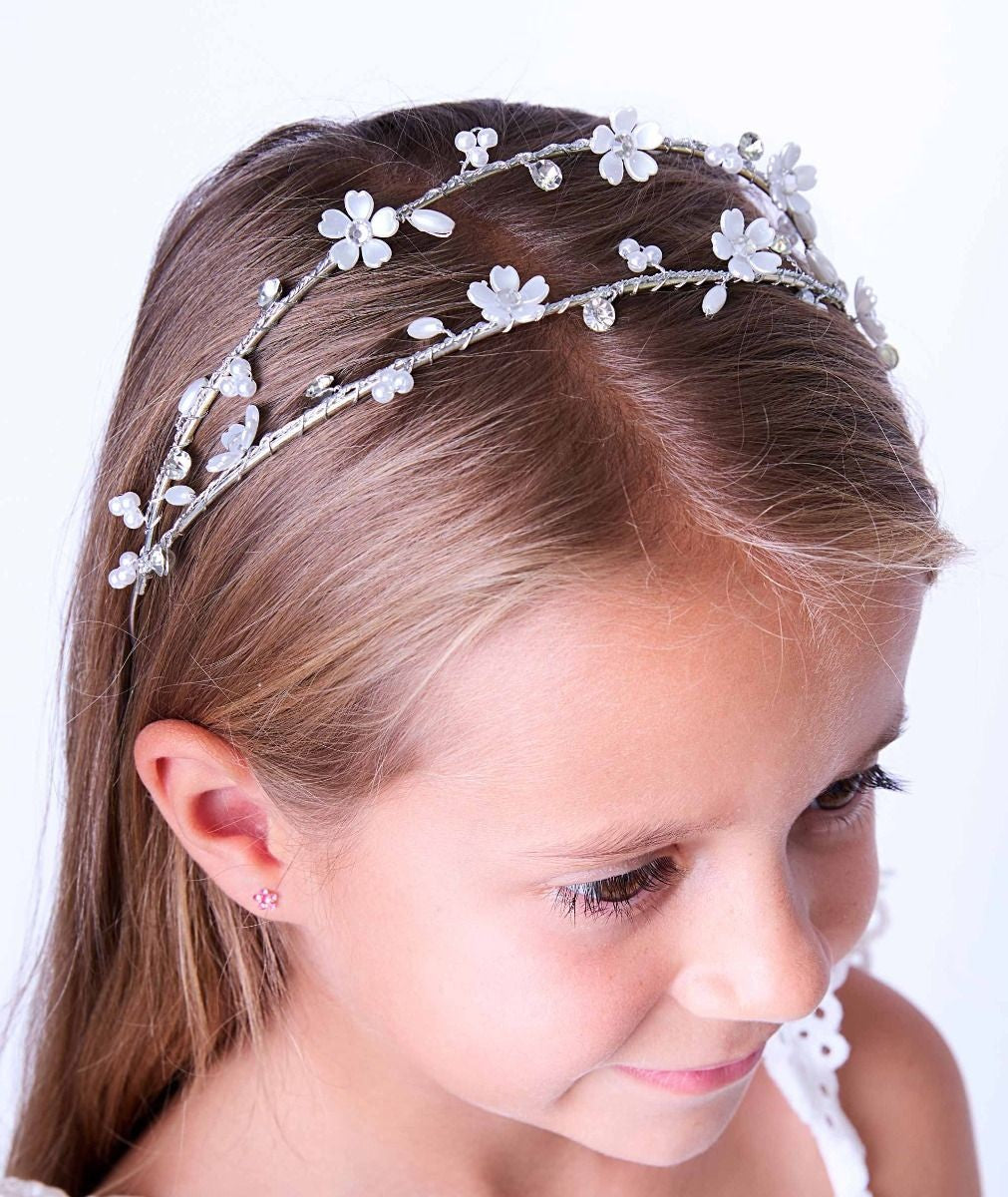 Couronne de tiara florale argentée double avec perles et cristaux pour filles - Mexique