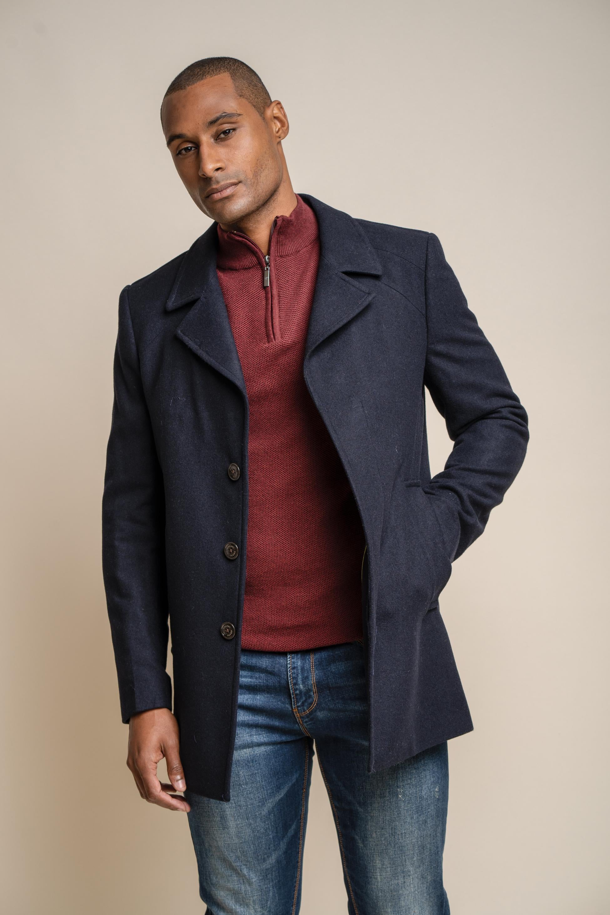 Manteau Mi-Long en Laine Mélangée pour Homme - NELSON - Bleu Marine