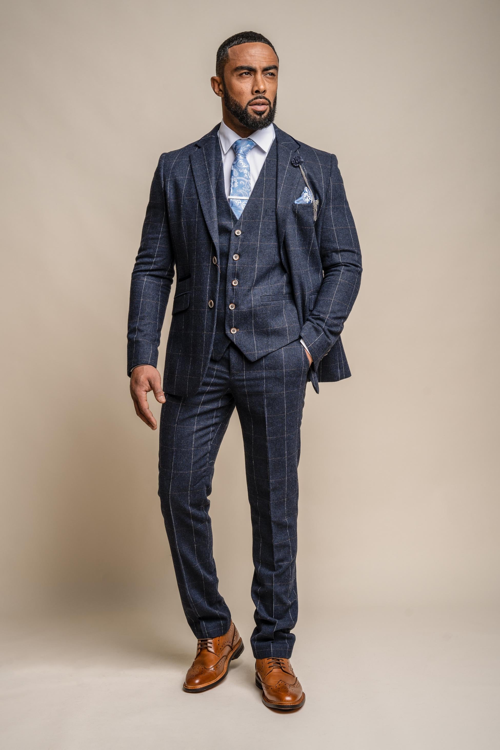 Men's Windowpane Check Wool Navy Blue Suit- ANGELS - Navy Blue