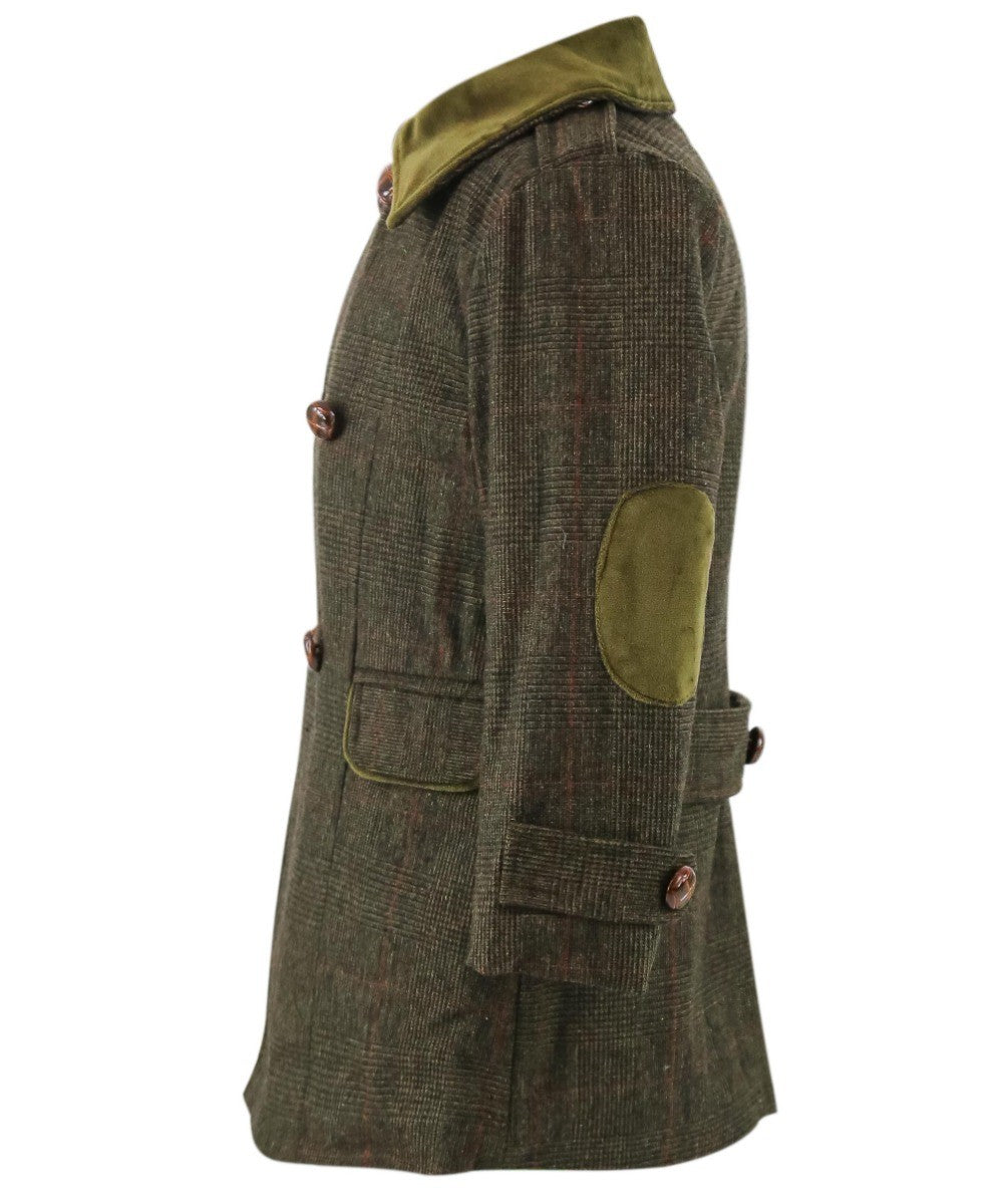 Manteau Mi-Long à Carreaux en Tweed pour Garçons - Vert Olive