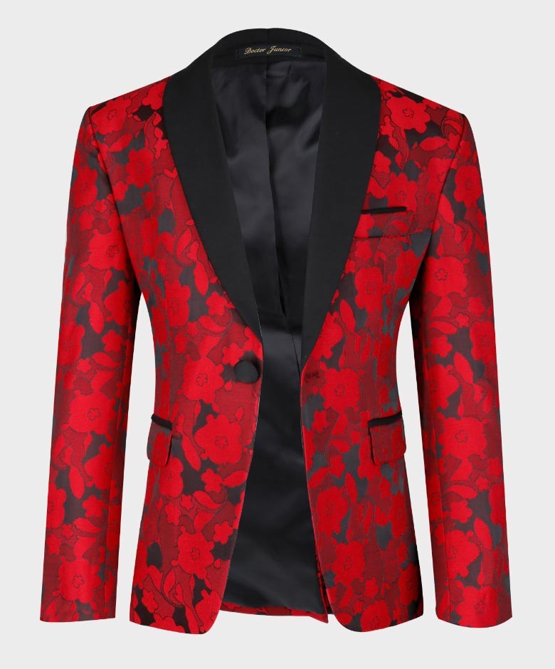 Costume de Smoking à Motifs Floraux Tailored Fit pour Garçons - Rouge - Noir