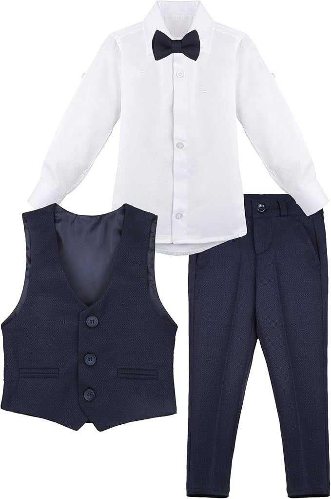 Ensemble de costume avec gilet texturé ajusté pour garçons, tenue formelle - Bleu Marine