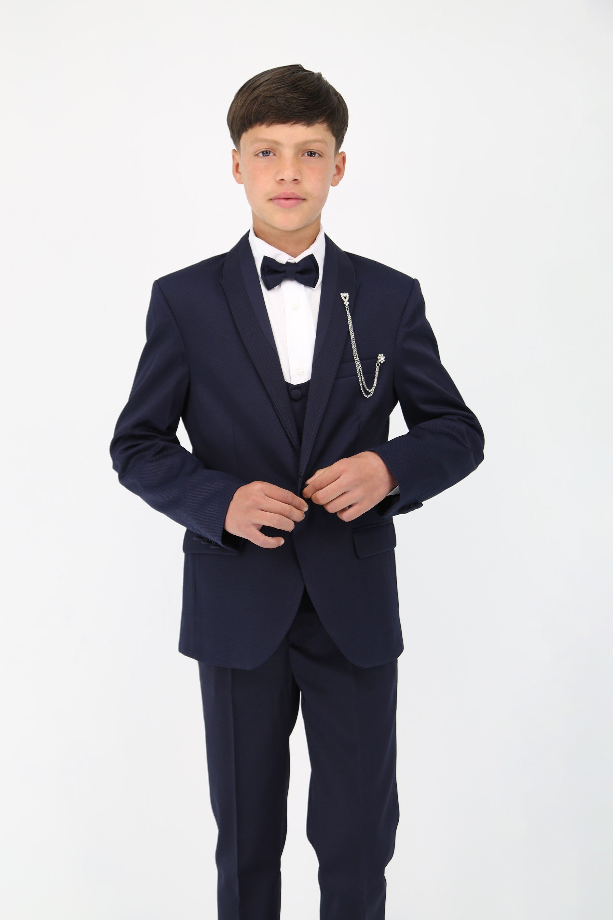 Boys' Satin Shawl Lapel Self-Patterned Tuxedo Suit, 6-Piece Set - Navy