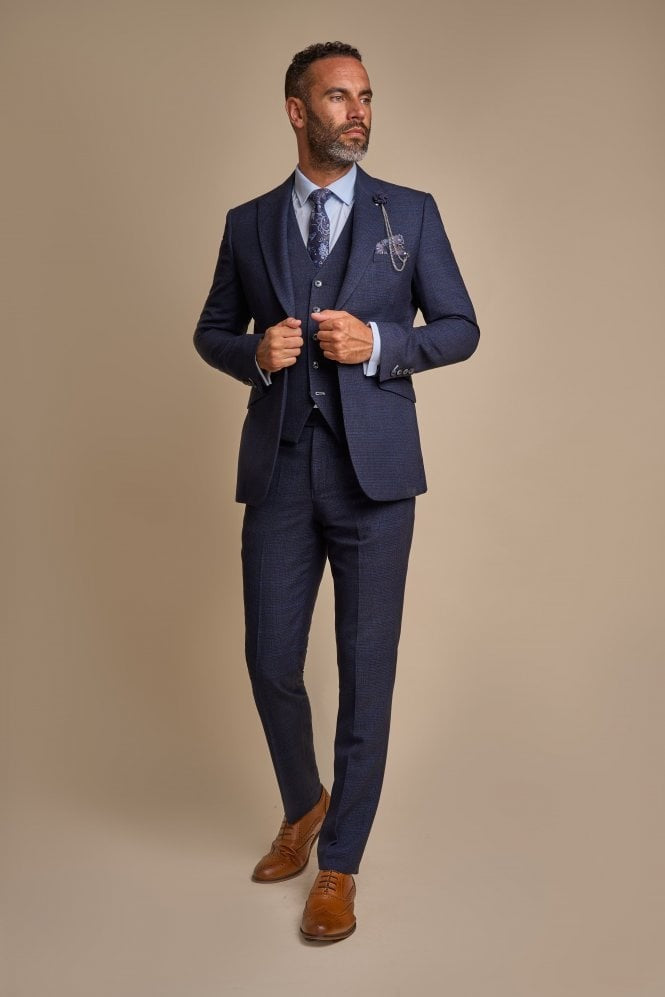 Herren Tweed Hahnentritt Karo Slim Fit Anzug - CARIDI - Marineblau